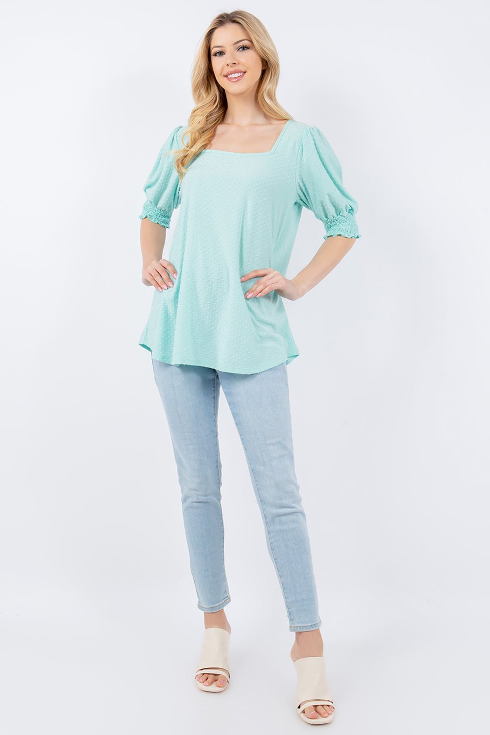 Celeste Full Size Swiss Dot Puff Sleeve Top - Admiresty