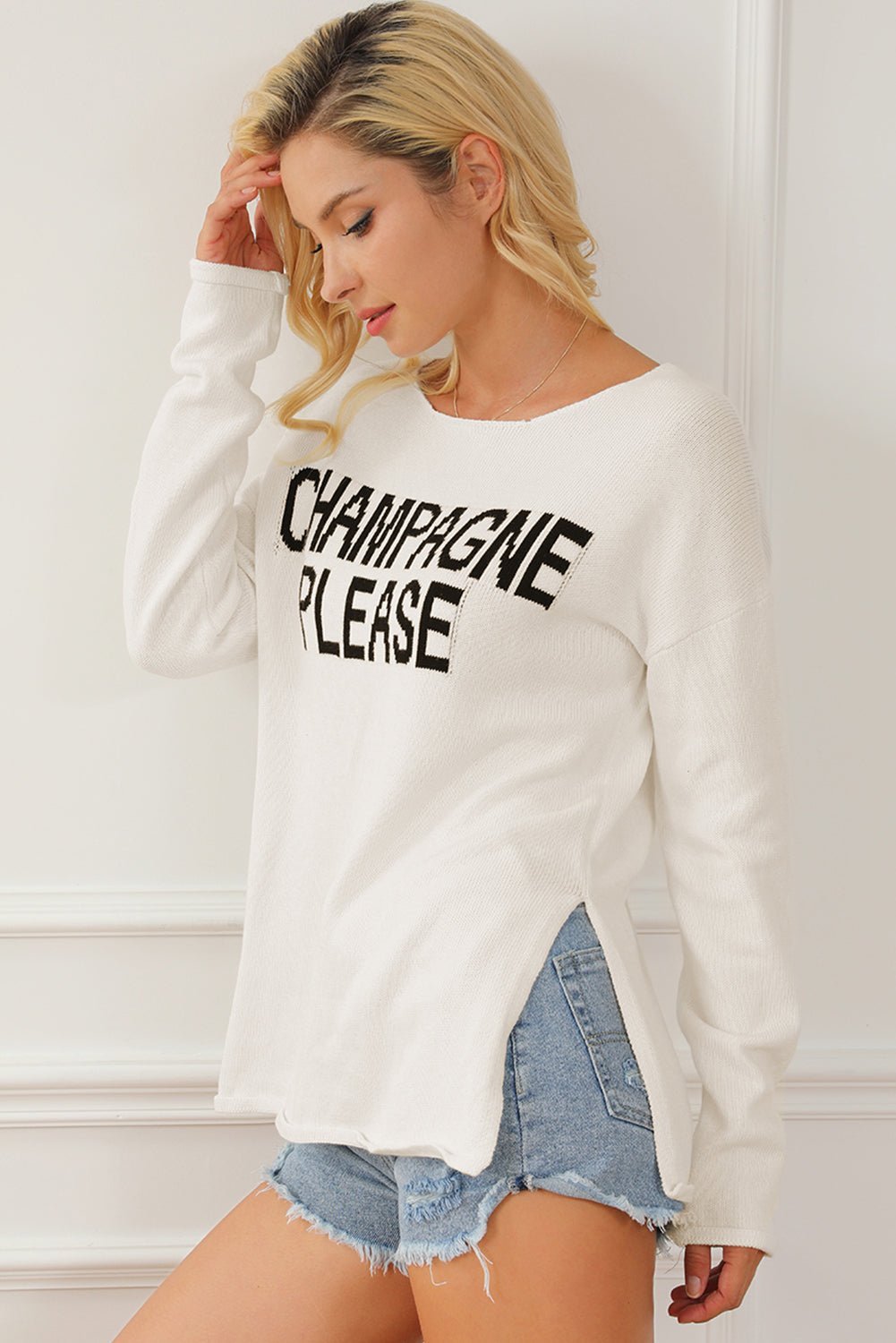 CHAMPAGNE PLEASE Long Sleeve Slit Sweater - Admiresty