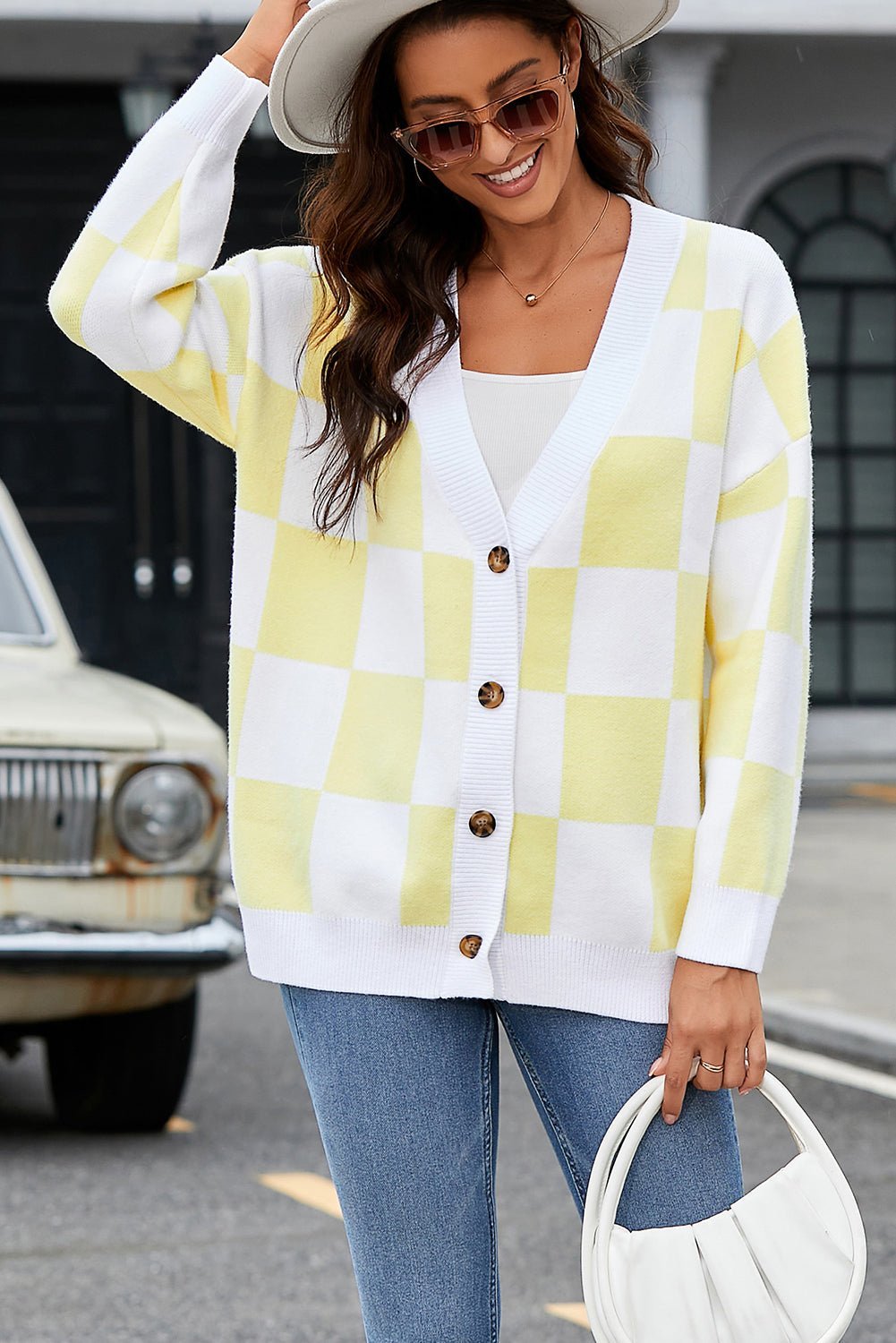 Checkered Button - Up Dropped Shoulder Cardigan - Admiresty