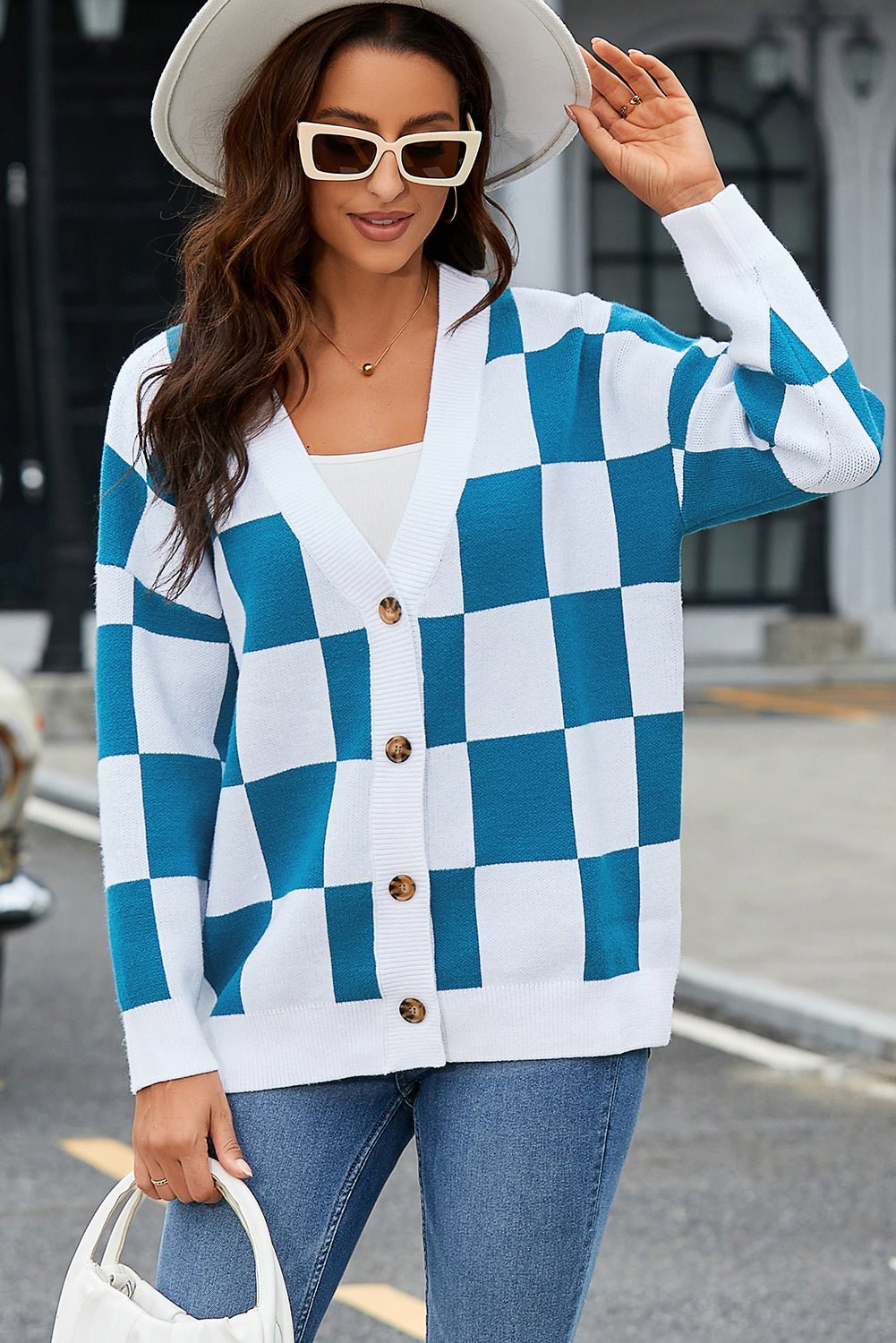 Checkered Button - Up Dropped Shoulder Cardigan - Admiresty