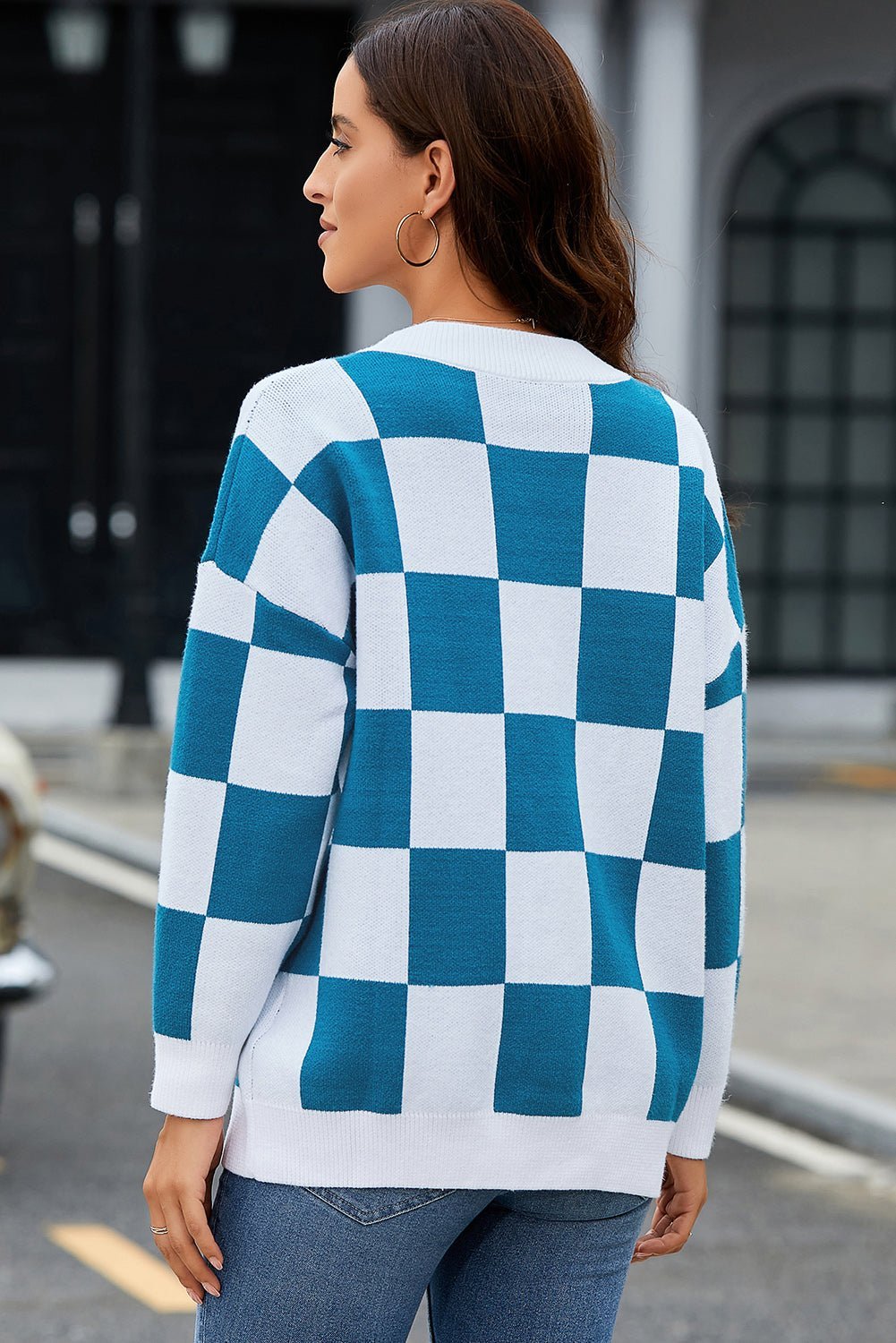 Checkered Button - Up Dropped Shoulder Cardigan - Admiresty