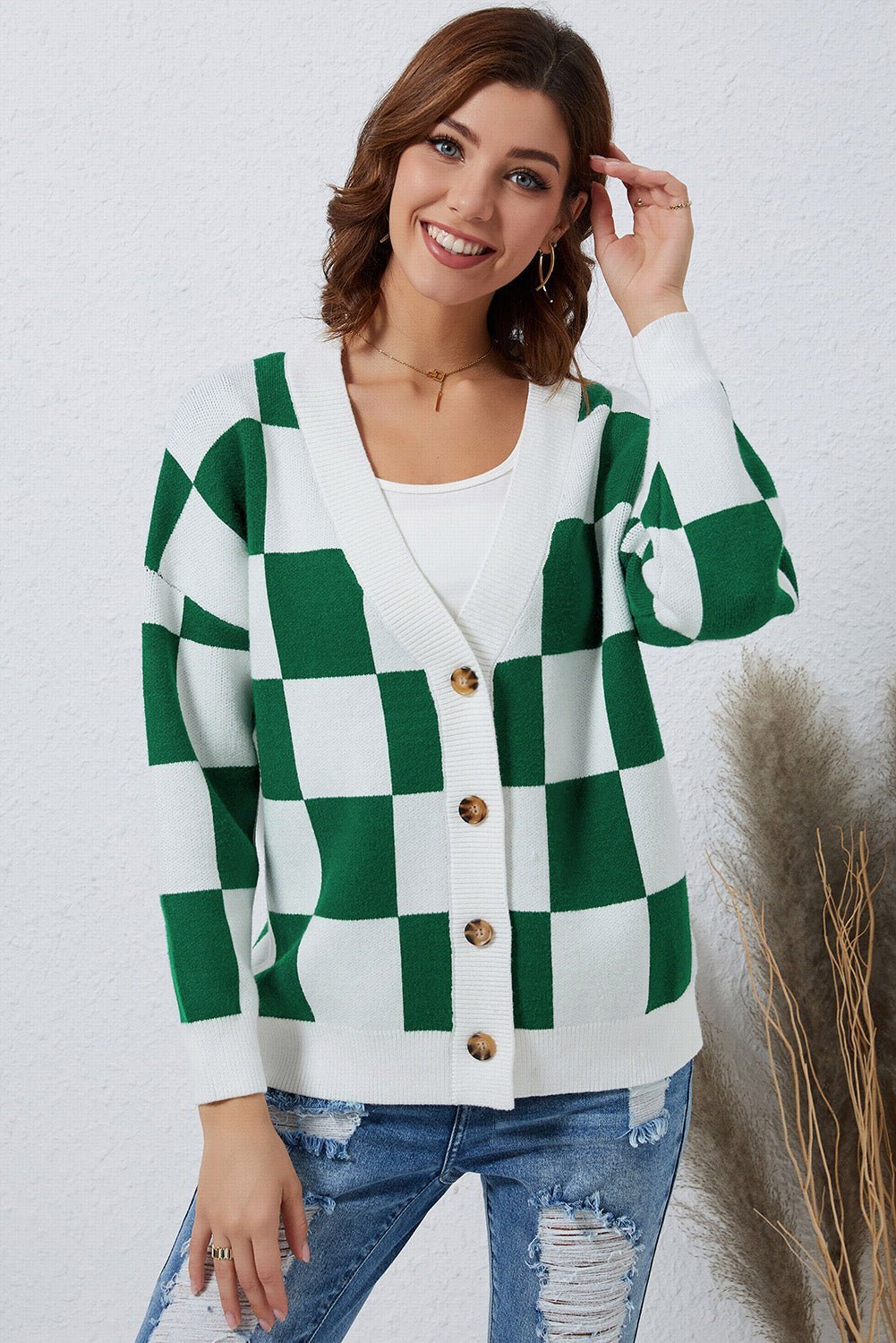 Checkered Button - Up Dropped Shoulder Cardigan - Admiresty