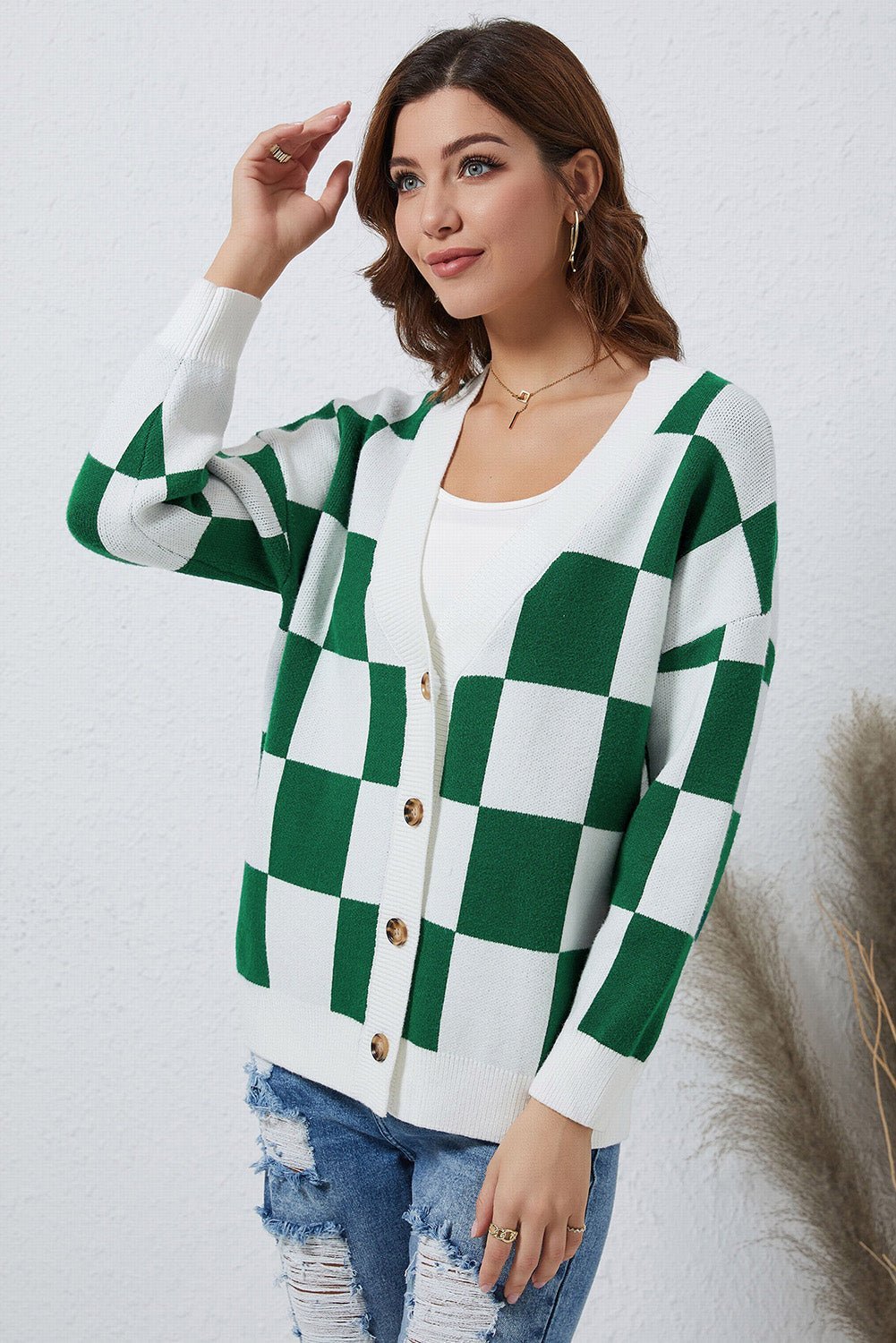 Checkered Button - Up Dropped Shoulder Cardigan - Admiresty