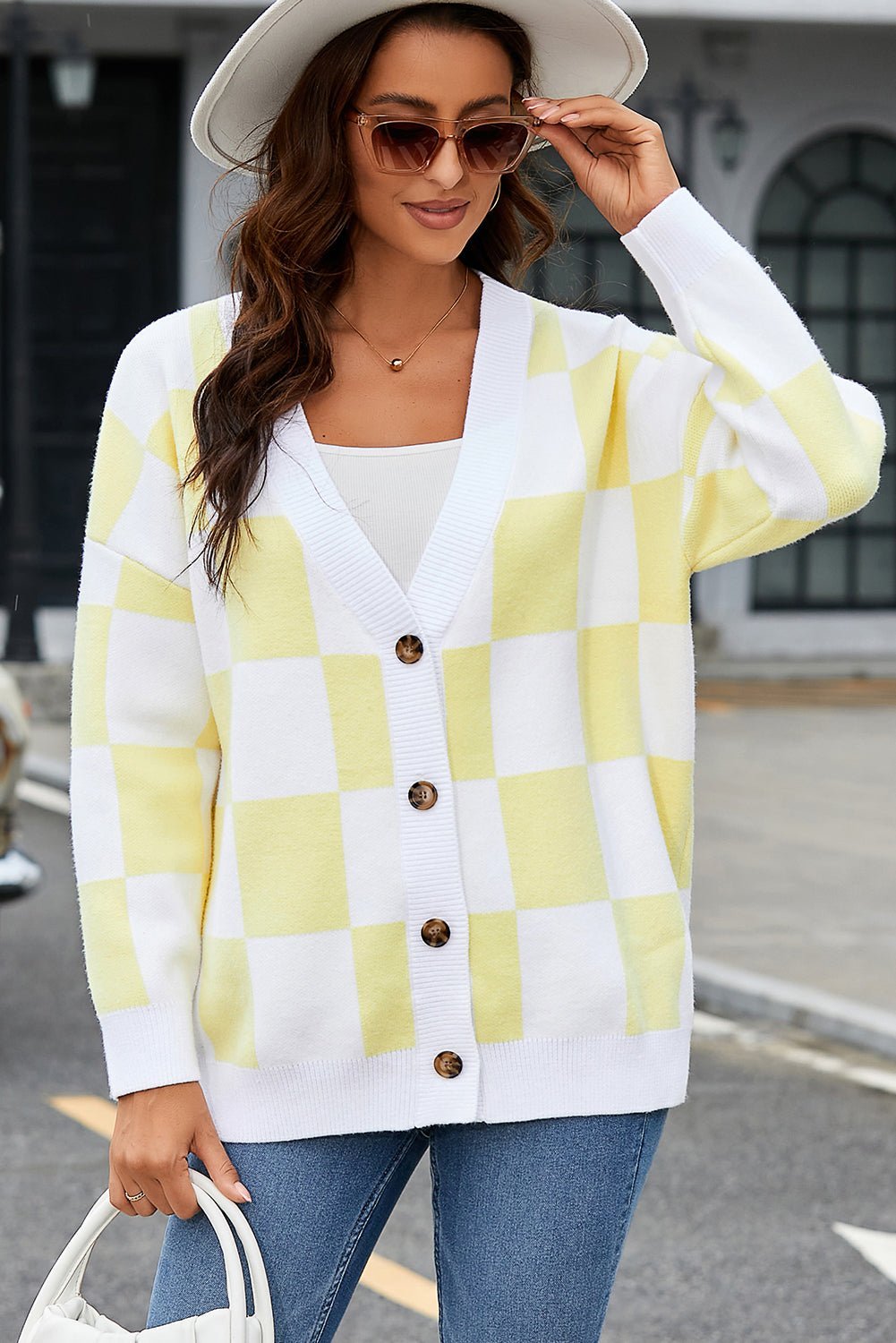 Checkered Button - Up Dropped Shoulder Cardigan - Admiresty