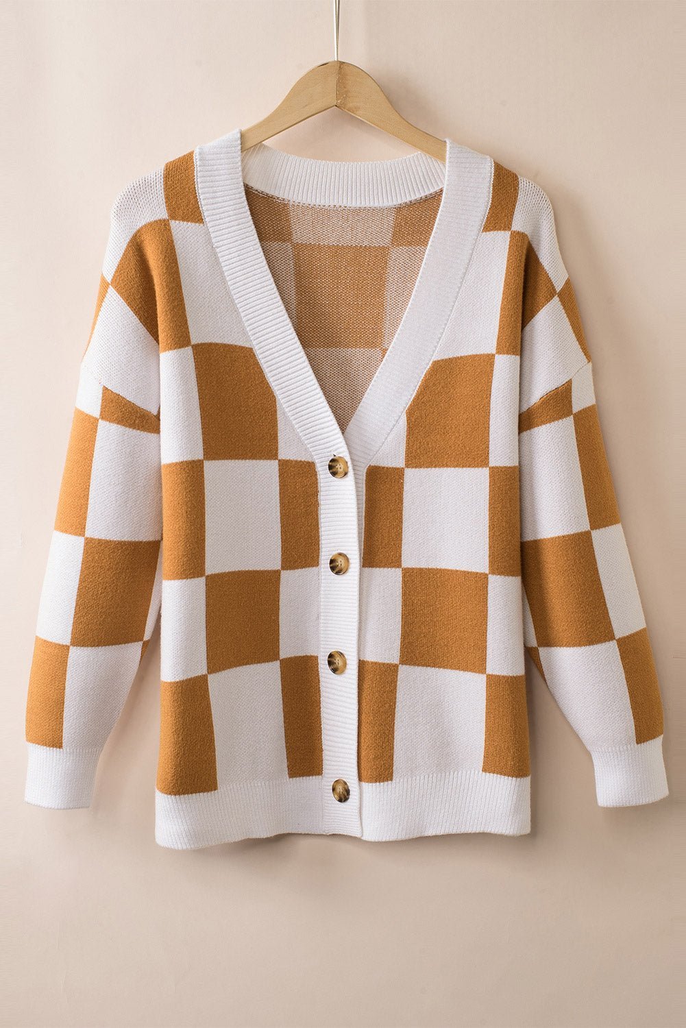 Checkered Button - Up Dropped Shoulder Cardigan - Admiresty