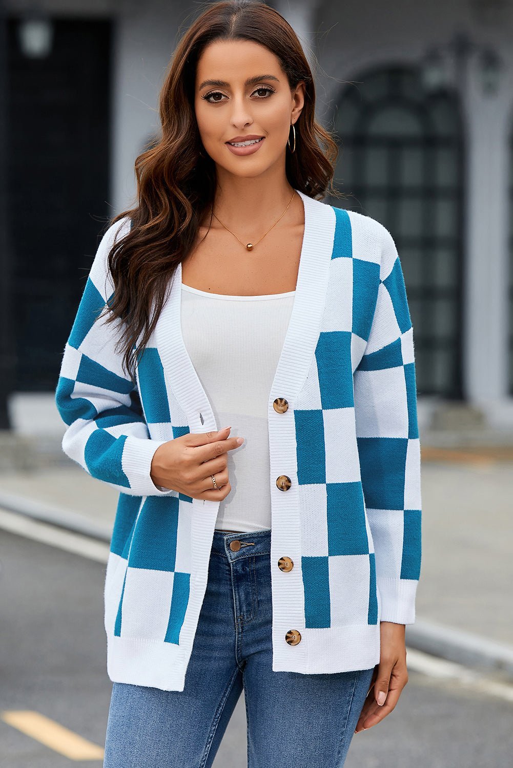 Checkered Button - Up Dropped Shoulder Cardigan - Admiresty