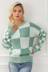 Checkered Drop Shoulder Long Sleeve Sweater - Admiresty