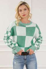 Checkered Drop Shoulder Long Sleeve Sweater - Admiresty