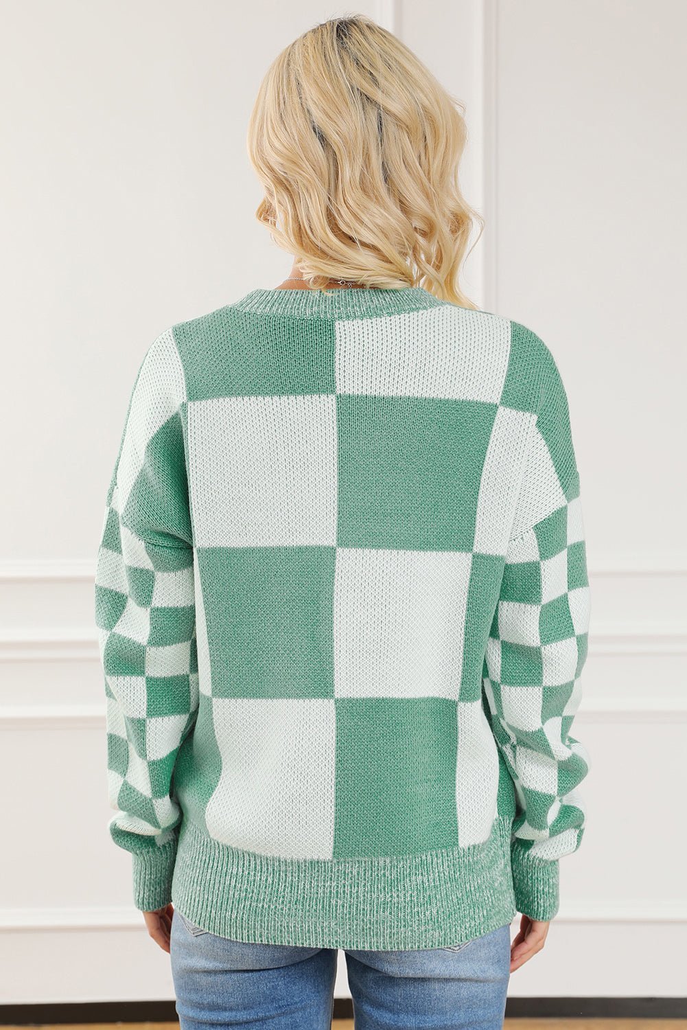 Checkered Drop Shoulder Long Sleeve Sweater - Admiresty