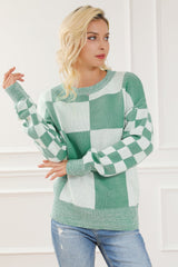 Checkered Drop Shoulder Long Sleeve Sweater - Admiresty