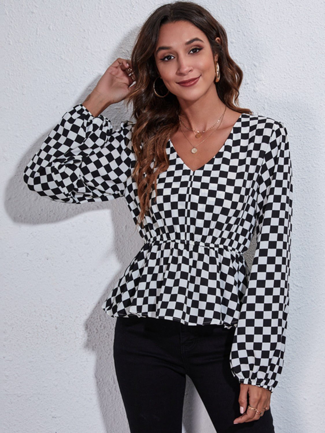 Checkered V - Neck Balloon Sleeve Peplum Blouse - Admiresty