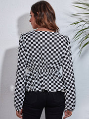 Checkered V - Neck Balloon Sleeve Peplum Blouse - Admiresty