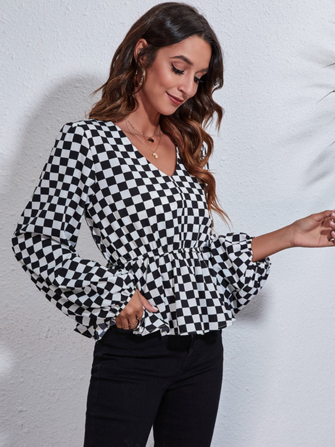 Checkered V - Neck Balloon Sleeve Peplum Blouse - Admiresty