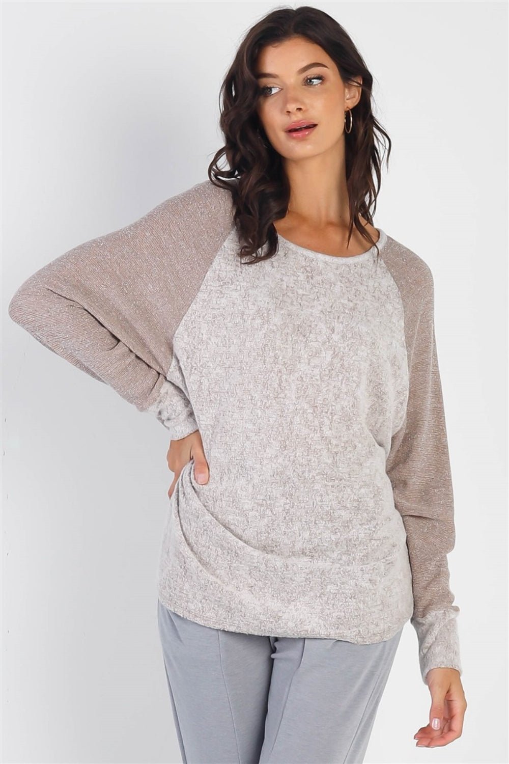 Cherish Apparel Round Neck Long Sleeve Contrast Top - Admiresty