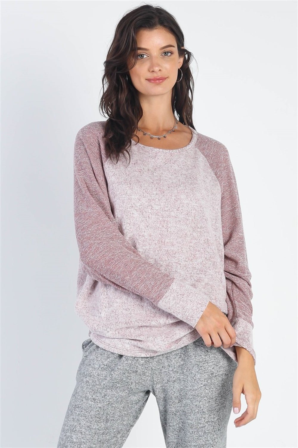 Cherish Apparel Round Neck Long Sleeve Contrast Top - Admiresty