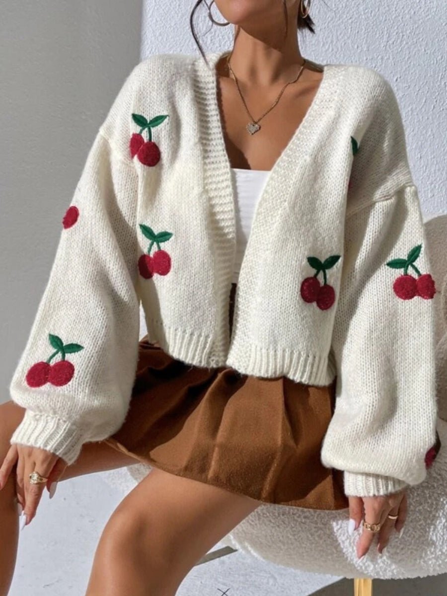 Cherry Graphic Open Front Dropped Shoulder Cardigan - Admiresty