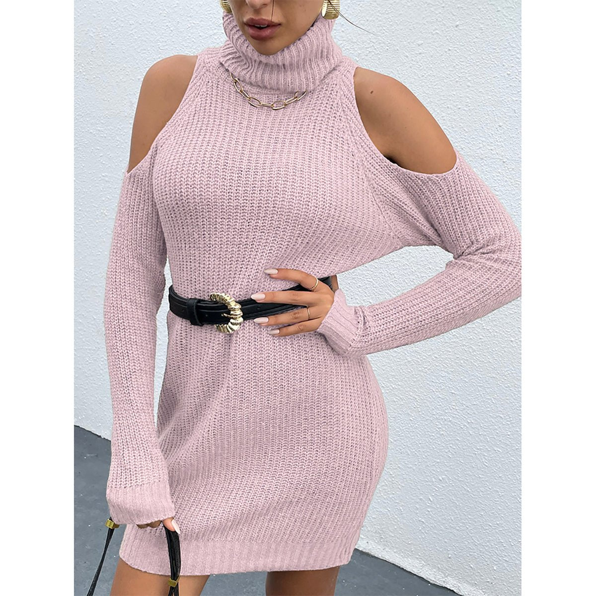 Cold Shoulder Turtleneck Sweater Dress - Admiresty