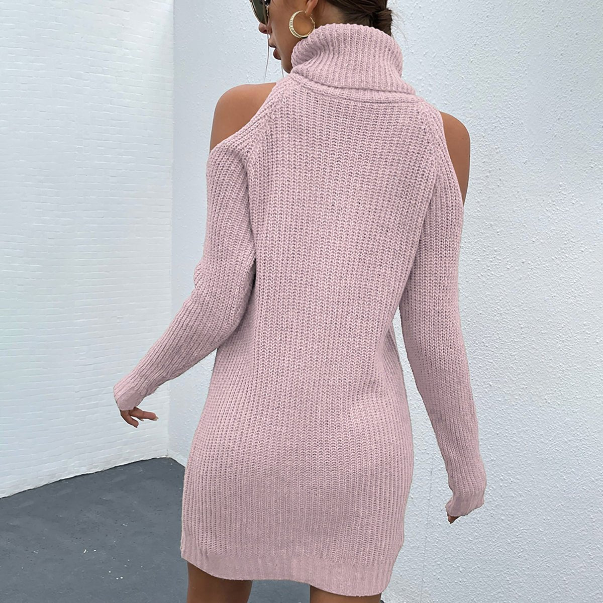 Cold Shoulder Turtleneck Sweater Dress - Admiresty