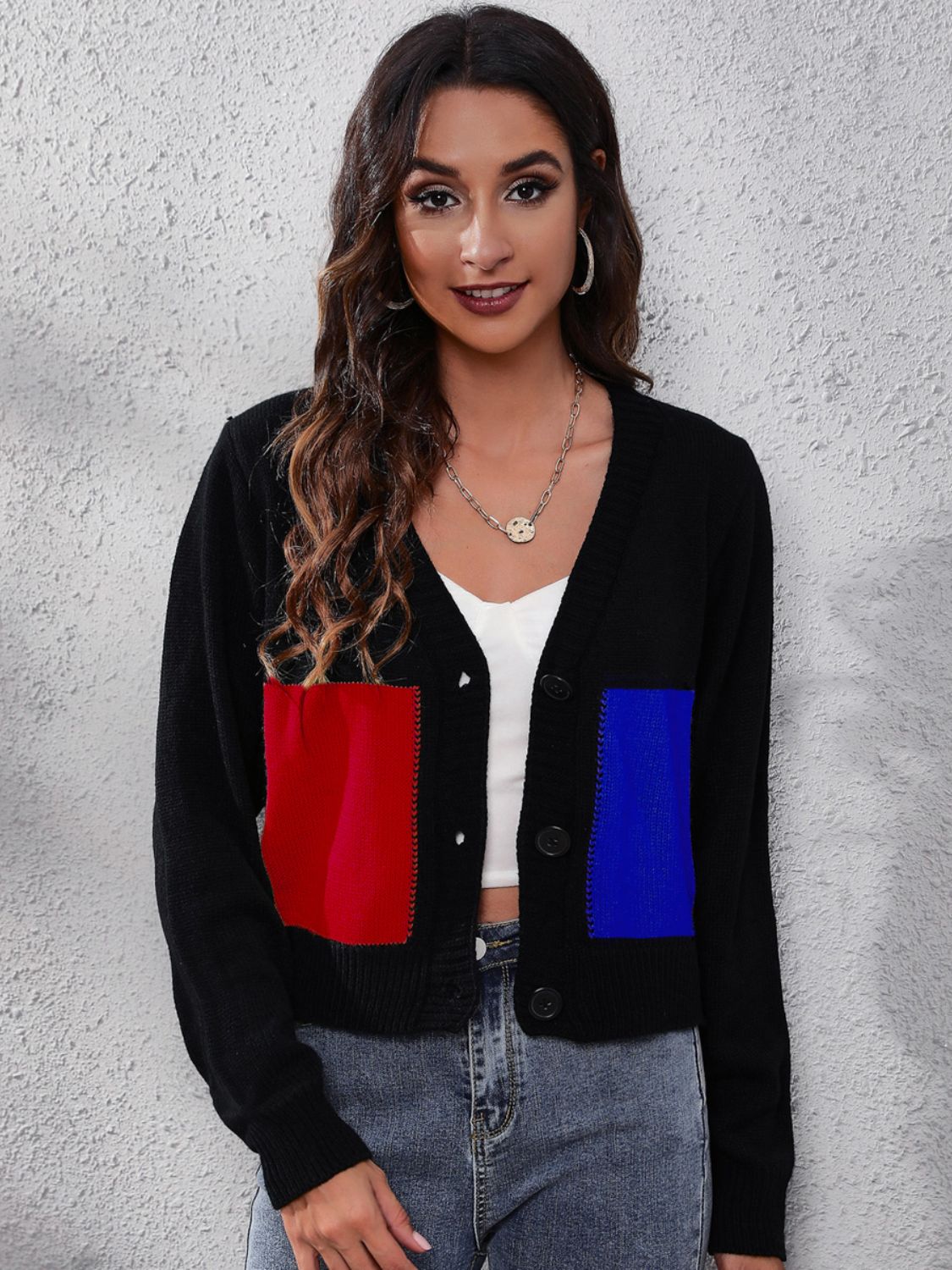Color Block Button Up Long Sleeve Cardigan - Admiresty