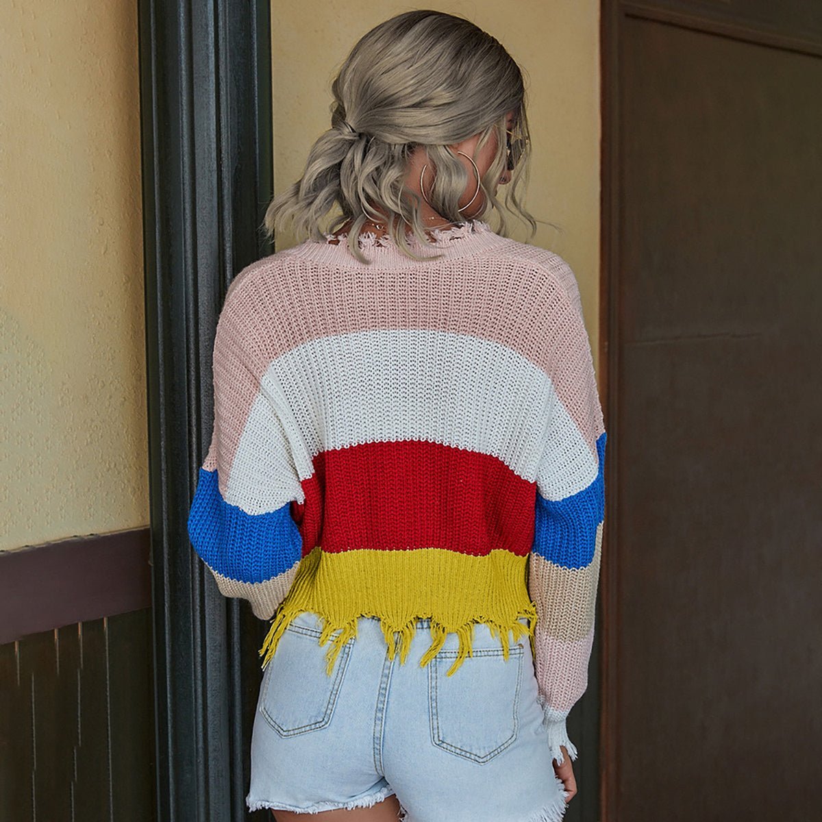 Color Block Frayed Hem Long Sleeve Sweater - Admiresty