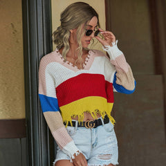 Color Block Frayed Hem Long Sleeve Sweater - Admiresty