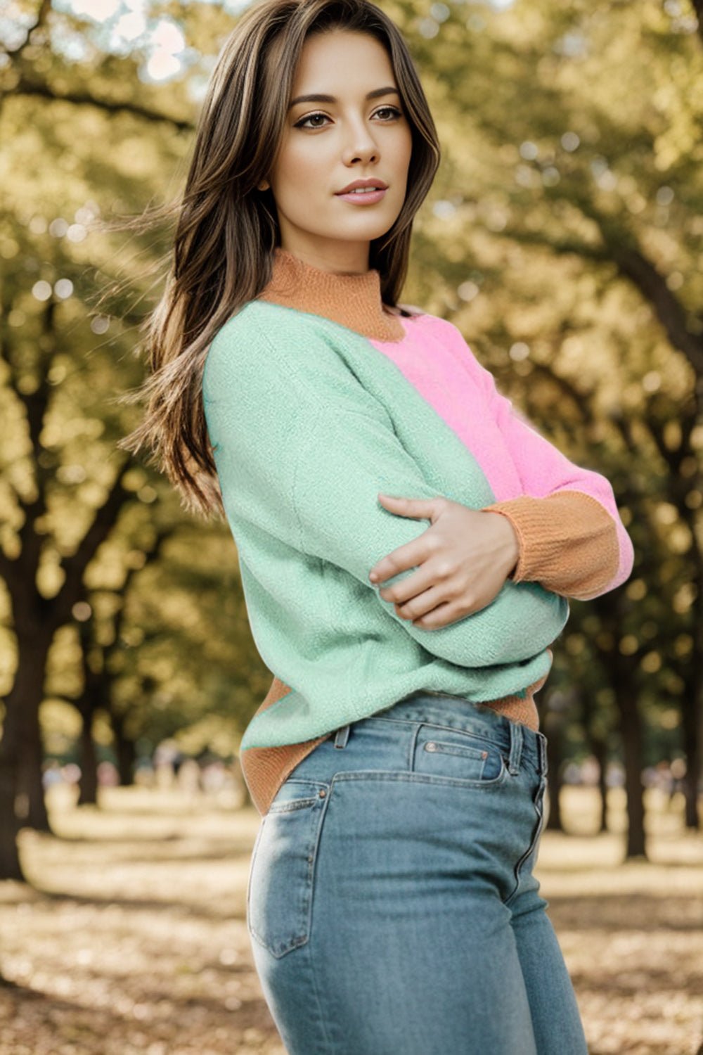 Color Block Mock Neck Dropped Shoulder Sweater - Admiresty