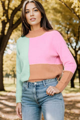 Color Block Mock Neck Dropped Shoulder Sweater - Admiresty