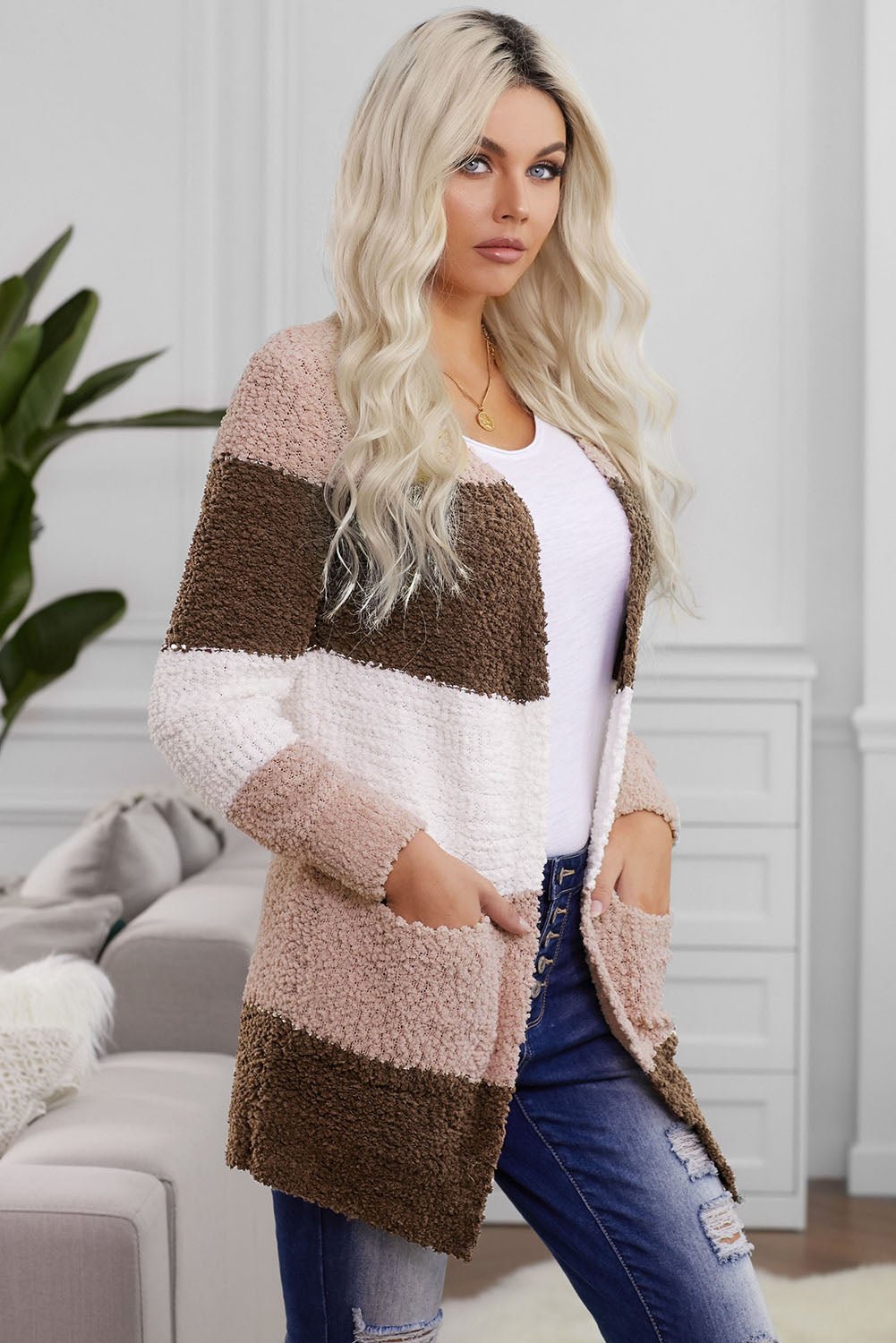 Color Block Open Front Pocketed Cardigan - Admiresty