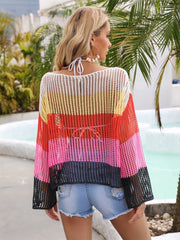 Color Block Openwork Boat Neck Cover Up - Admiresty