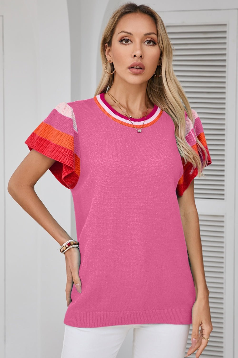 Color Block Round Neck Knit Top - Admiresty