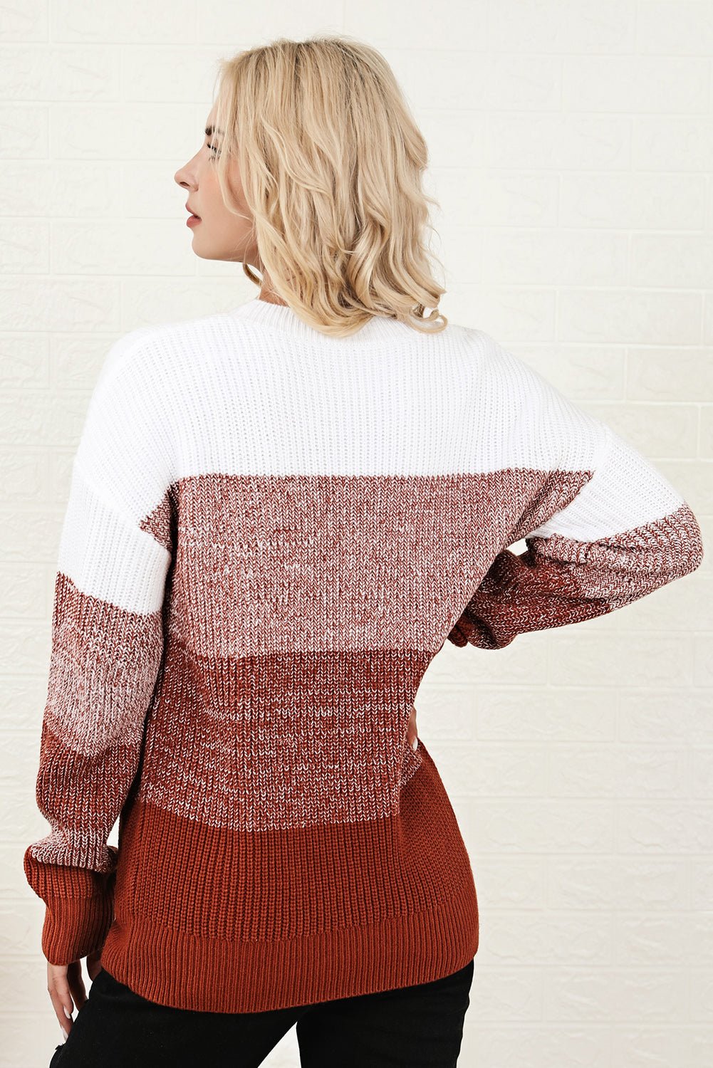 Color Block Round Neck Long Sleeve Sweater - Admiresty