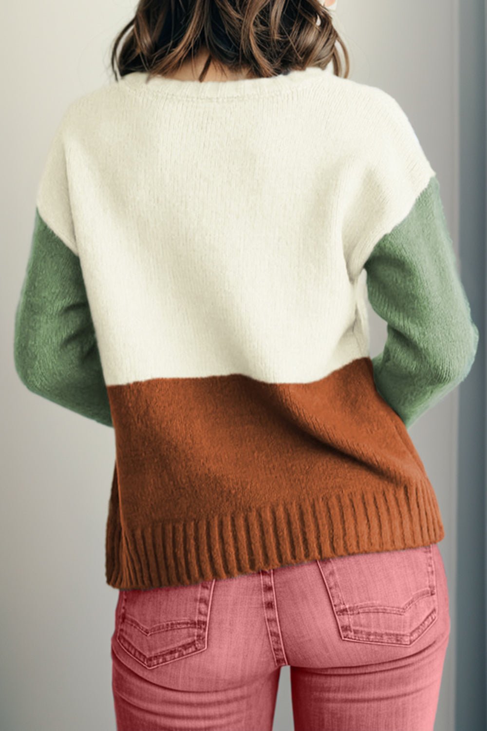 Color Block Round Neck Long Sleeve Sweater - Admiresty