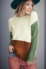 Color Block Round Neck Long Sleeve Sweater - Admiresty