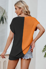 Color Block V - Neck Short Sleeve Knit Top - Admiresty