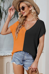 Color Block V - Neck Short Sleeve Knit Top - Admiresty