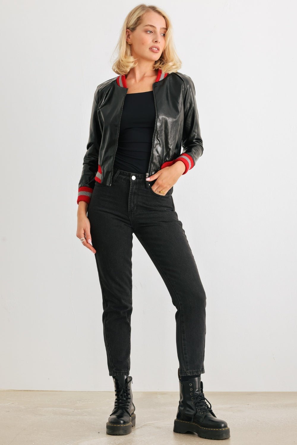 Comme PU Leather Baseball Collar Long Sleeve Jacket - Admiresty