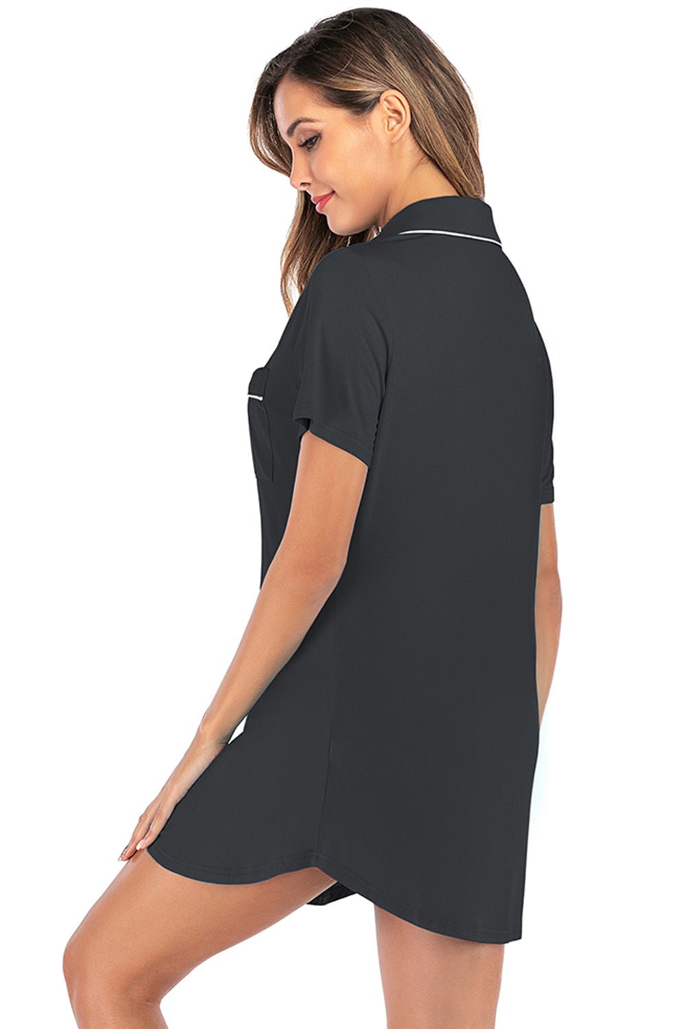 Contrast Piping Pocketed Short Sleeve Lounge Dress - Admiresty