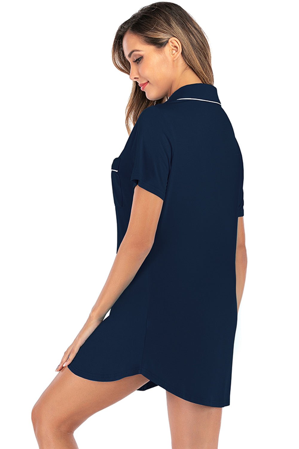 Contrast Piping Pocketed Short Sleeve Lounge Dress - Admiresty