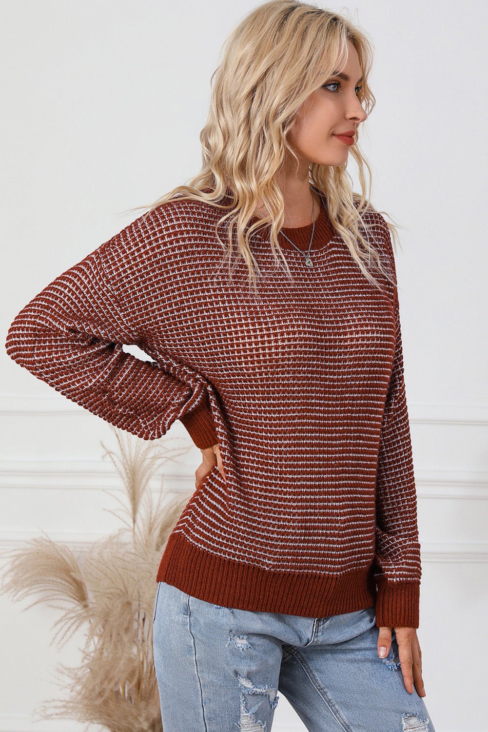 Contrast Round Neck Long Sleeve Sweater - Admiresty