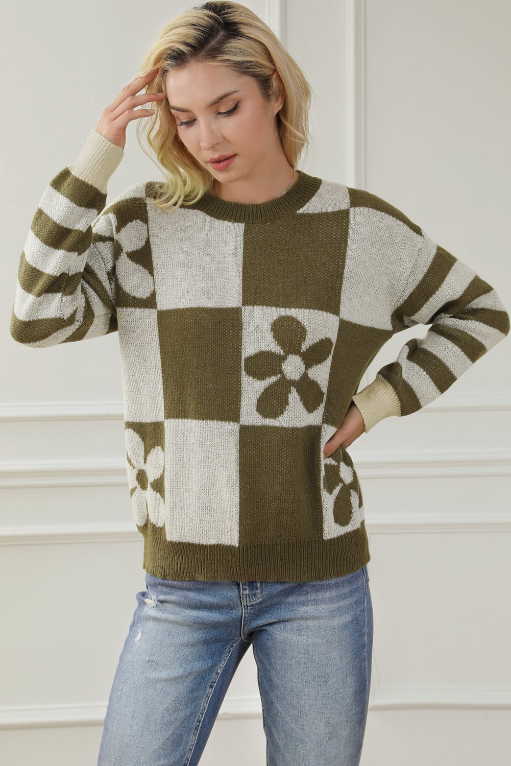 Contrast Round Neck Long Sleeve Sweater - Admiresty