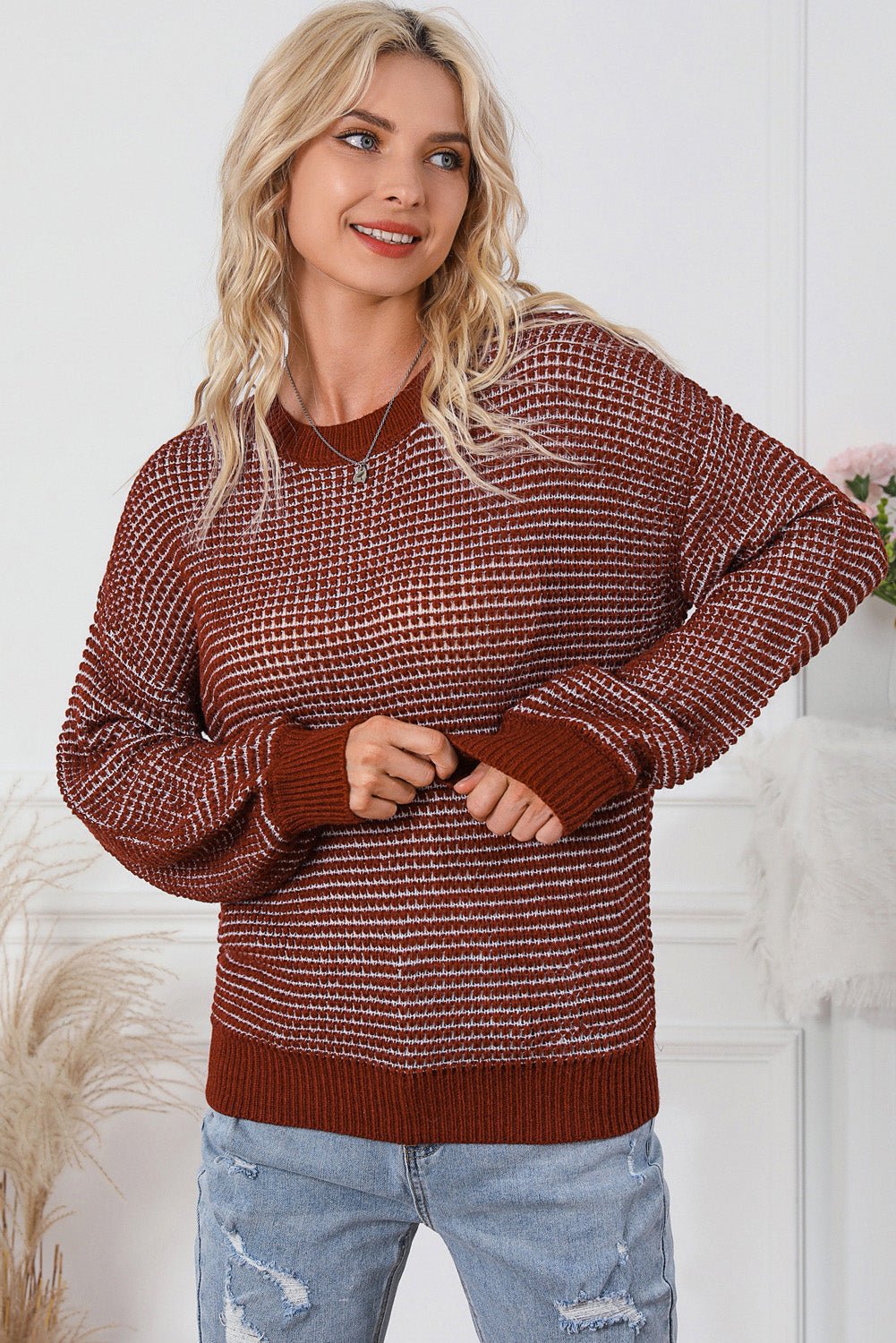 Contrast Round Neck Long Sleeve Sweater - Admiresty