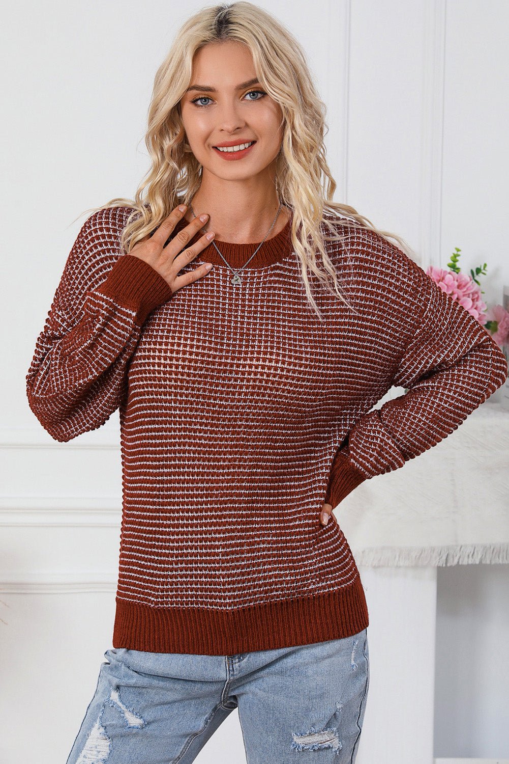 Contrast Round Neck Long Sleeve Sweater - Admiresty