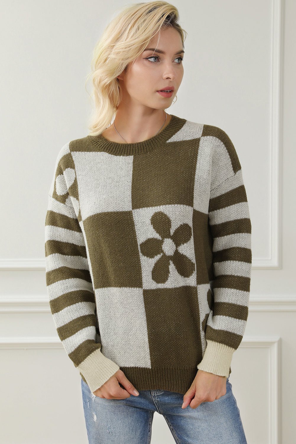 Contrast Round Neck Long Sleeve Sweater - Admiresty