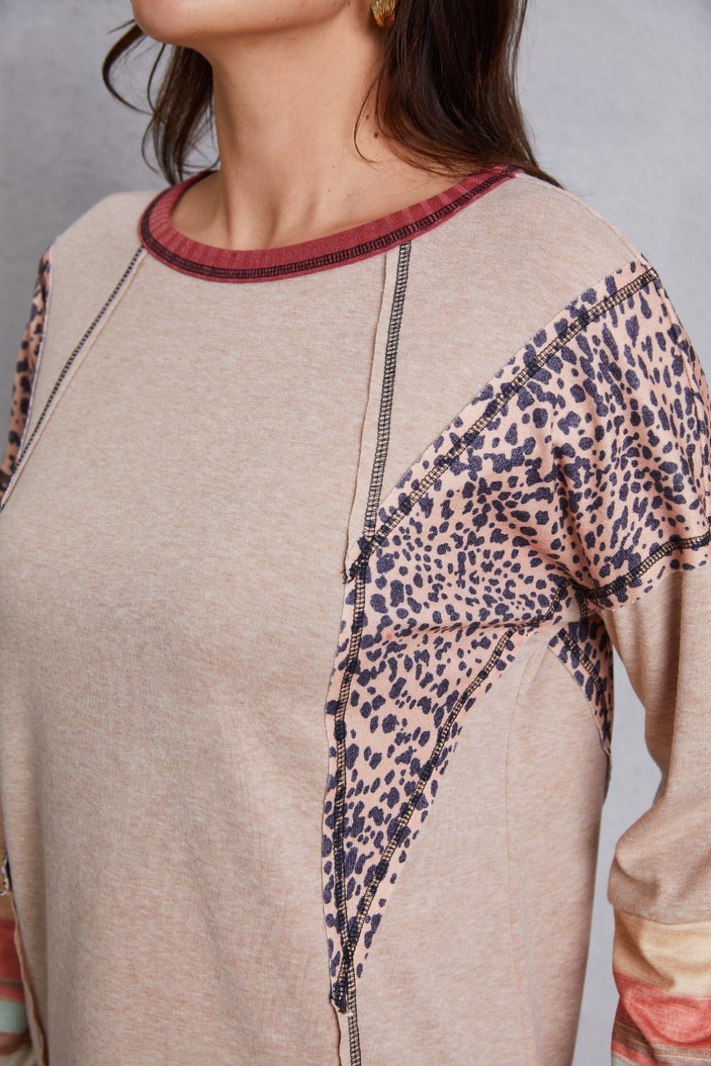 Contrast Stitching Leopard Long Sleeve Blouse - Admiresty