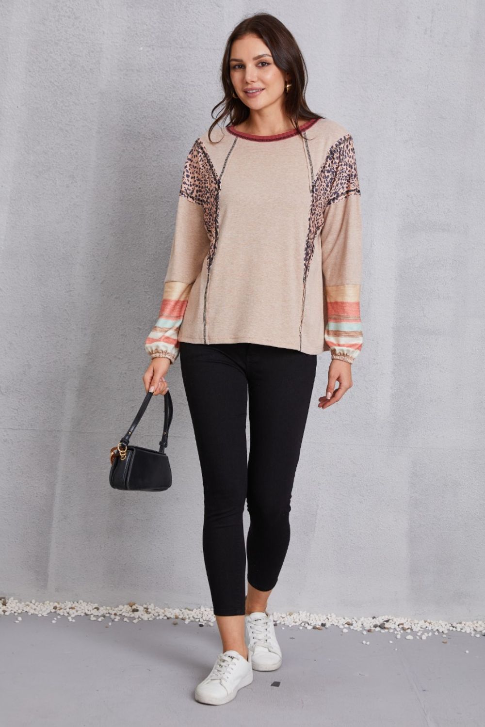 Contrast Stitching Leopard Long Sleeve Blouse - Admiresty