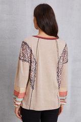 Contrast Stitching Leopard Long Sleeve Blouse - Admiresty