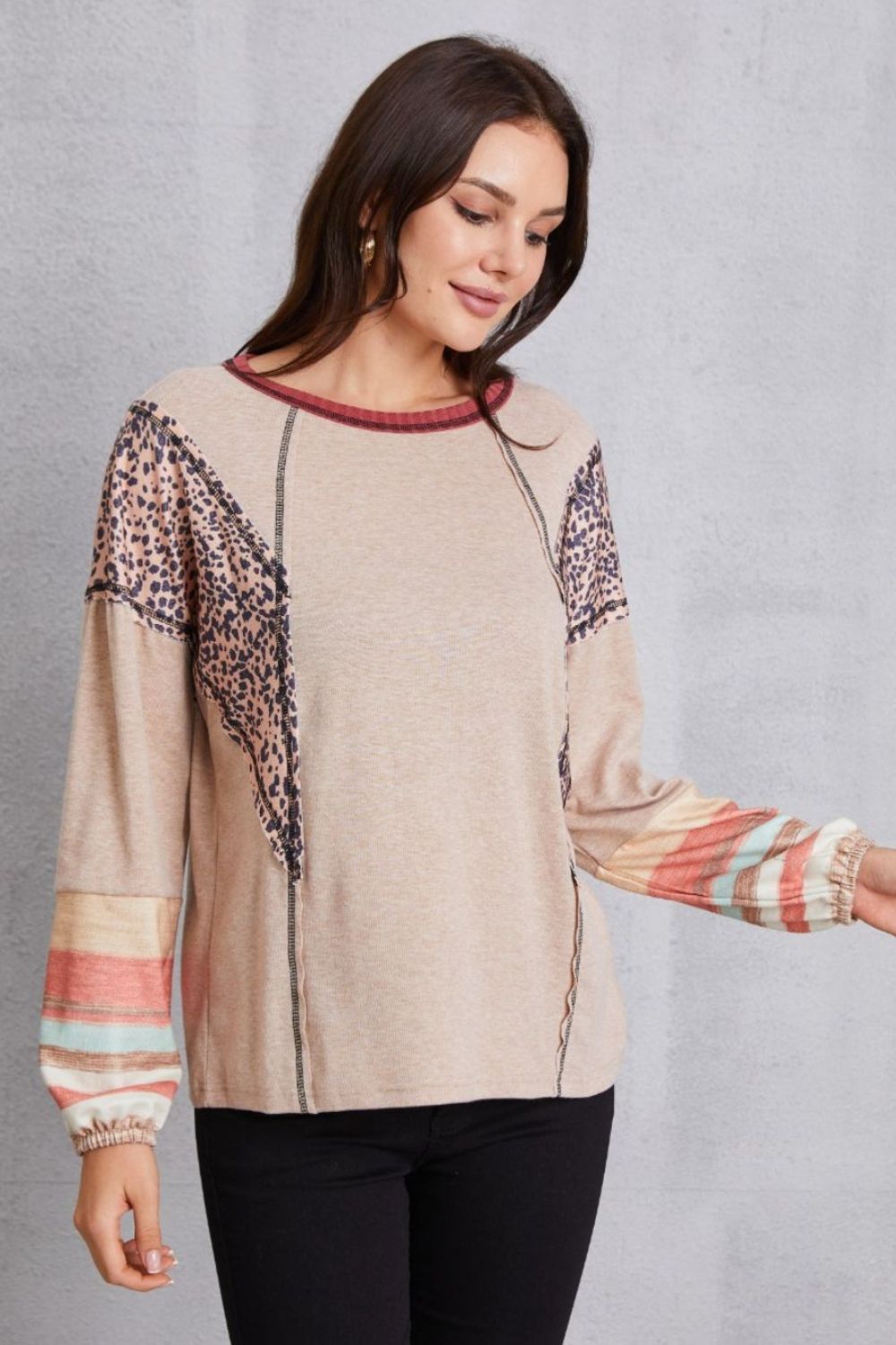 Contrast Stitching Leopard Long Sleeve Blouse - Admiresty