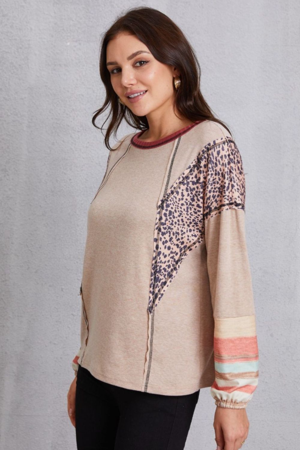 Contrast Stitching Leopard Long Sleeve Blouse - Admiresty