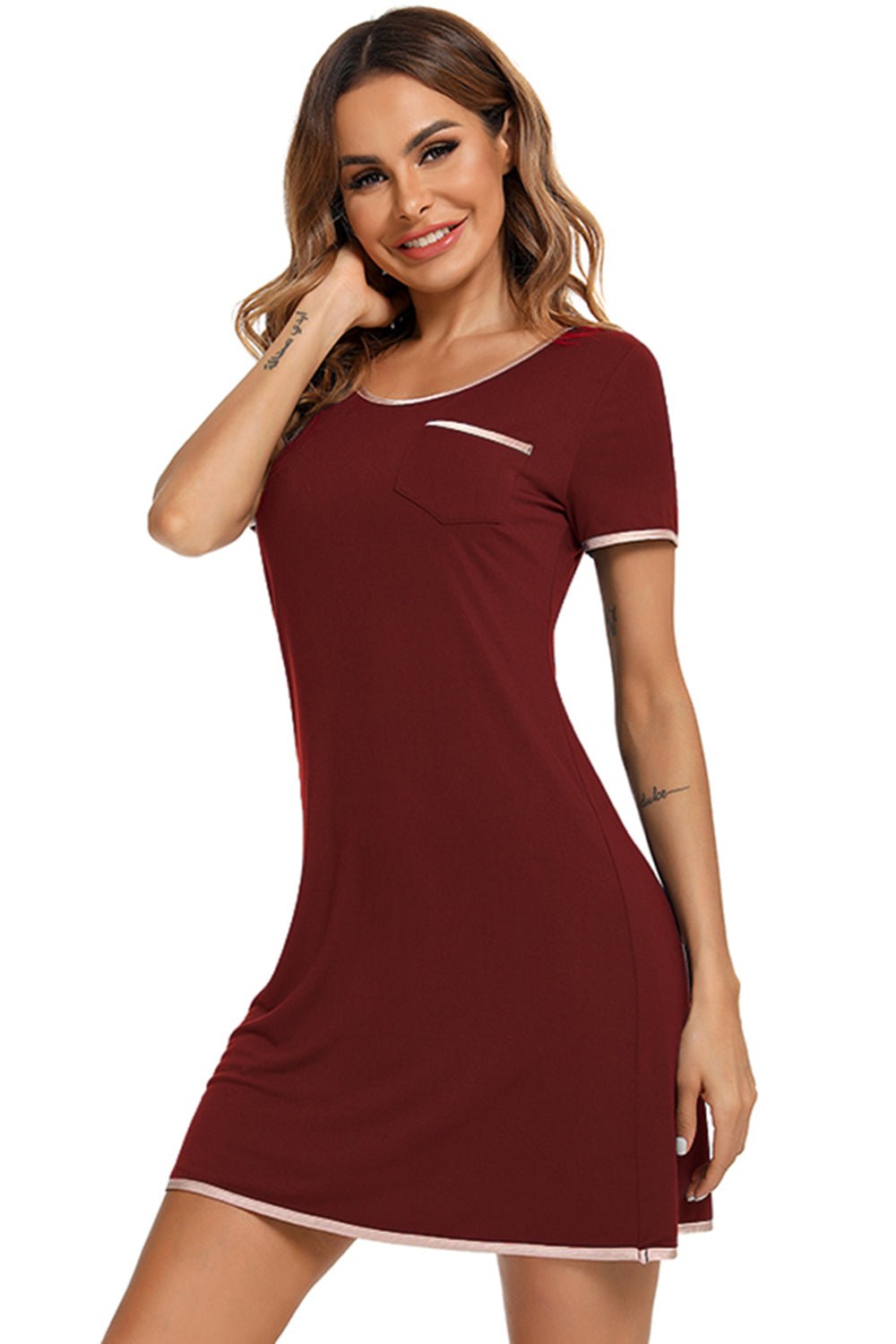 Contrast Trim Pocketed Round Neck Lounge Dress - Admiresty