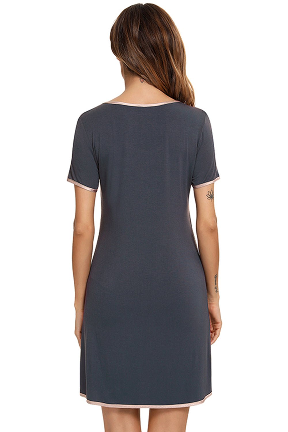 Contrast Trim Pocketed Round Neck Lounge Dress - Admiresty